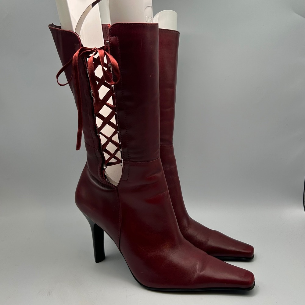 VTG Y2K Nordstrom BP Red Leather Corset Lace Up Square Toe Mid Calf Boots 90s